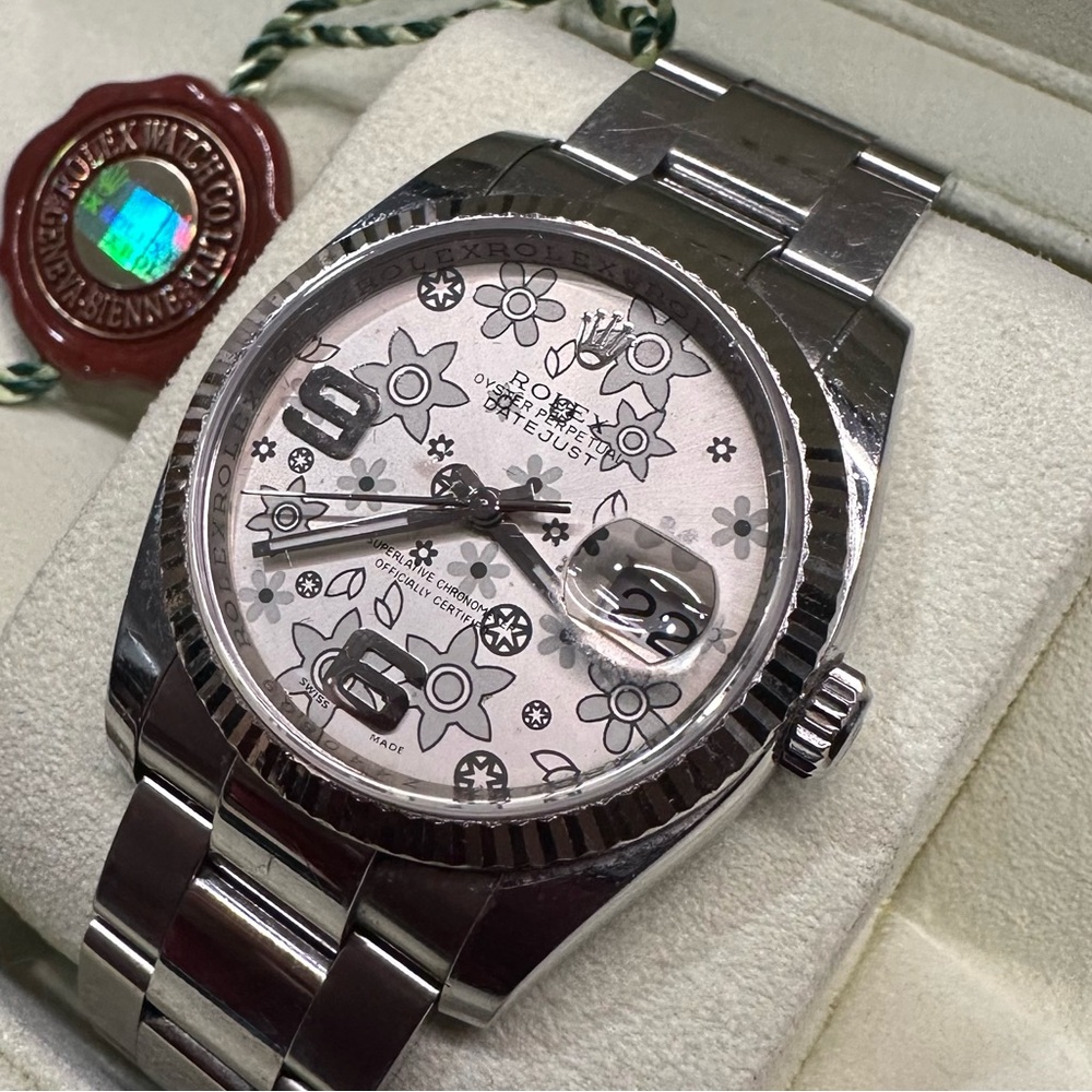 ROLEX DATEJUST 36MM STEEL OYSTER & 18K WG BEZEL RARE FLORAL BEZEL MINT CONDITION